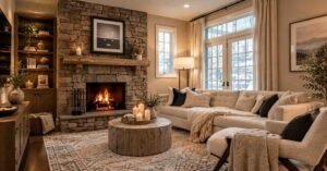 Cozy Living Room Layouts with a warm fireplace and comfortable seating.