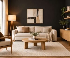 Black Accent Wall with a beige sofa and warm wood furniture