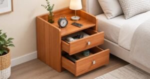 Small bedroom ideas featuring a compact wooden nightstand