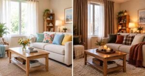 Transfer home from summer to winter decor with cozy curtains, warm lighting, and seasonal accents.