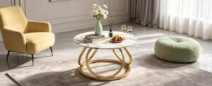 Elegant living room having a gold coffee table and plush seating.