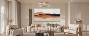 Neutral sofa, modern chairs, and art among luxury living room items.