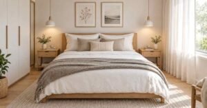 Cozy neutral bedroom with smart storage, ideal for Small Bedroom Ideas for Couples.