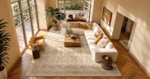 Cream sofa, wood coffee table, and woven accents among luxury living room items.