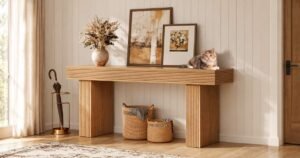 Wood console, woven baskets, and wall art among luxury living room items.