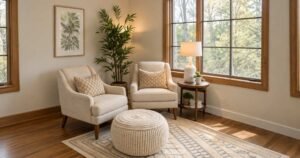 Cozy armchairs, knit pouf, and wood accents among luxury living room items.