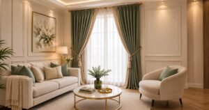 Sage curtains, a gold coffee table, and plush seating among luxury living room items.