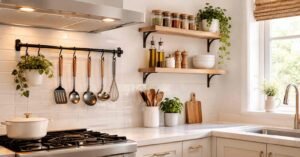 Hanging utensils and wooden shelves for practical small kitchen ideas.