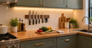 Magnetic knife storage to keep kitchen countertops organized.