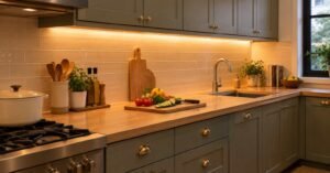 Warm under-cabinet lighting for a cozy, functional kitchen.