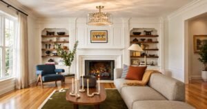 Elegant fireplace and crystal chandelier among luxury living room items.