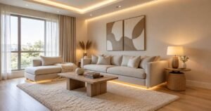 Luxury living room ideas with a neutral sofa, plush rug, warm lighting, and elegant wall art.