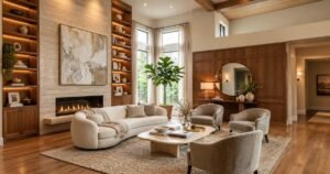 Curved sofa and wood accents among luxury living room items.