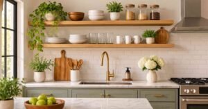 Open wooden shelves and sage green cabinets in a small kitchen ideas design.
